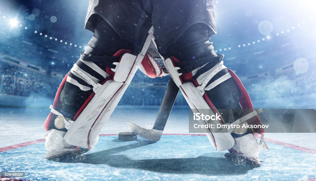 Ice hockey goalie View of professional ice hockey goalie during game in indoor arena full of spectator Hockey Stock Photo