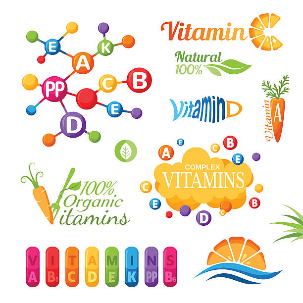 vitamine symbole, embleme und symbole für design - vitamin c vitamin a vitamin e vegetable stock-grafiken, -clipart, -cartoons und -symbole