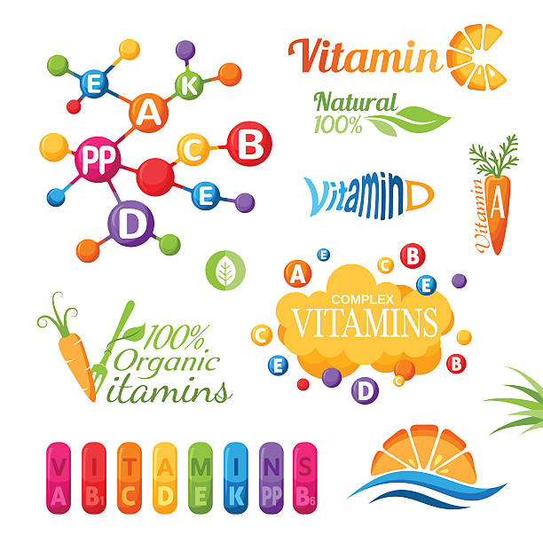 Vitamins symbols, emblems and icons for design Vitamins emblems, icons and labels set vitamin a nutrient stock illustrations