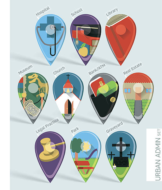 Public administration map pins set vector art illustration