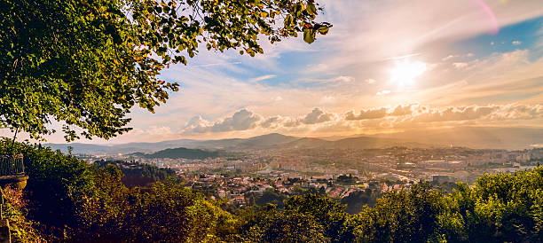 Panorama sunset over Braga seen from Bom Jesus hill Sunset seen from Bom Jesus, overlooking Braga city below. Braga is the third largest city in Portugal situated in the northern region of Minho. braga district stock pictures, royalty-free photos & images