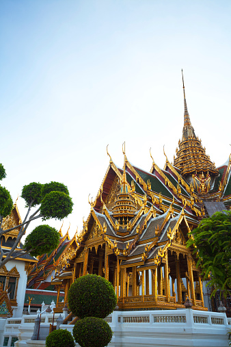 Aphorn Phimok Prasat Pavilion in Wat Phra Kaeo. In background is Grand Palace. Bangkok