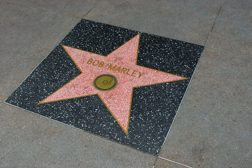 Hollywood, USA - April 18, 2014: Bob Marley star on Hollywood Walk of Fame in Hollywood, California. This star is located on Hollywood Blvd. and is one of over 2000 celebrity stars embedded in the sidewalk.