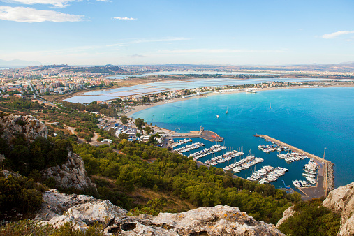 View of Cagliari and Poetto beach from above, Sardinia, Italy