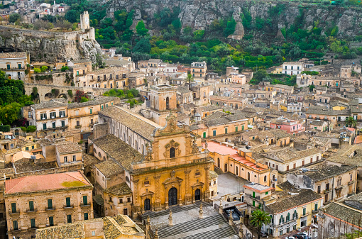 Aerial view of Modica old town with San Pietro Cathedral, Sicily, Italy