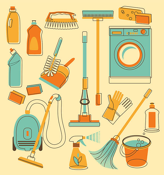 Cleaning tools in doodle style Set of cleaning objects in vintage style cleaner illustrations stock illustrations