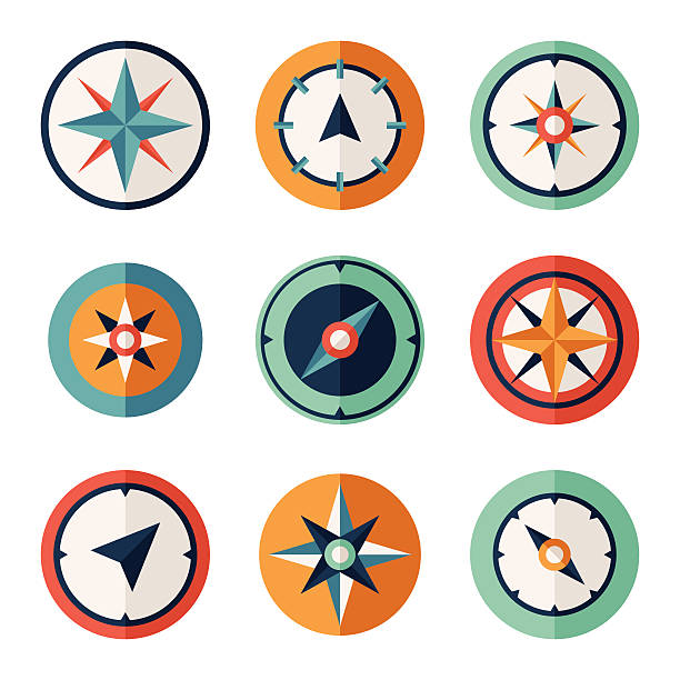 ilustraciones, imágenes clip art, dibujos animados e iconos de stock de viento rosa de los vientos vector plano conjunto de símbolos - compass exploration map globe