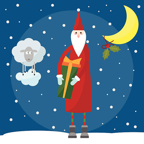 illustrazioni stock, clip art, cartoni animati e icone di tendenza di cpicture con divertente santa e agnello, il simbolo dell'anno della pecora - mirth