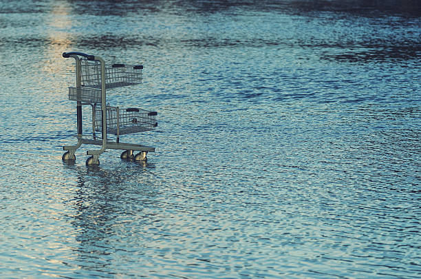 Abandoned shopping trolley in muddy water with other junk.