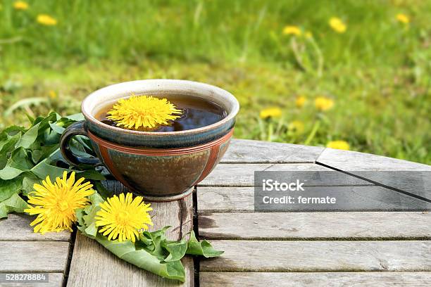 Tea From Dandelion In A Rustic Earthenware Cup Stock Photo - Download Image Now - Dandelion, Tea - Hot Drink, Tea Cup