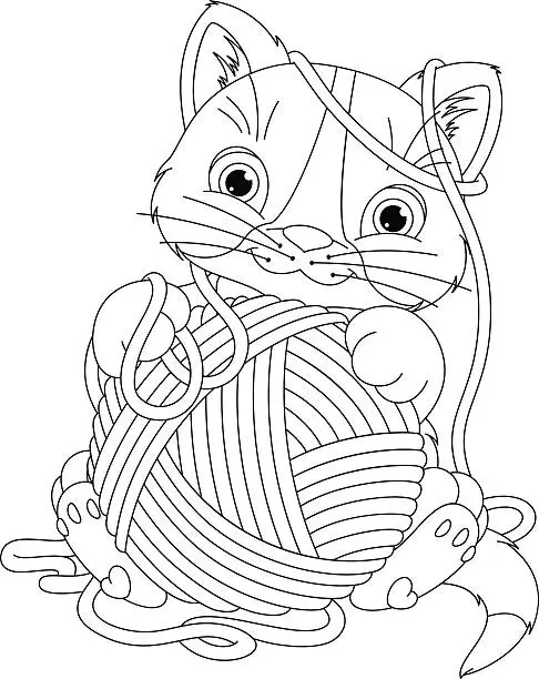 Vector illustration of Kitten with yarn ball Coloring Page