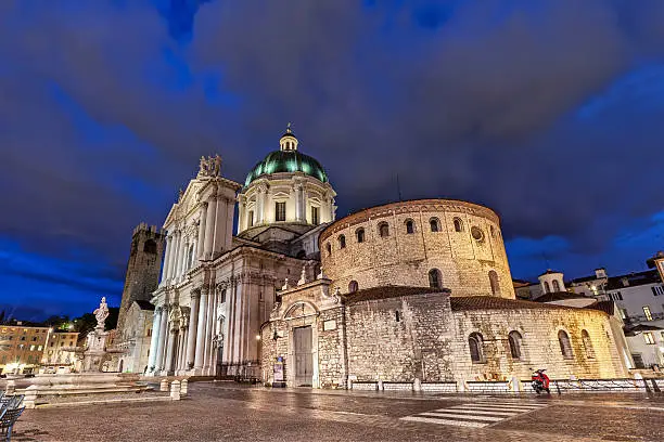 Old and New Cathedrals of Brescia in the evening, Italy