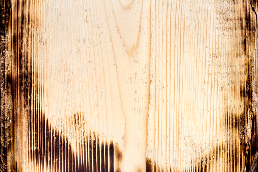 Rough, light grunge wood texture. Damages and scratches are clearly visible. Edges of the board are burnt. A wood grain pattern featuring even grains of wood running vertically across the image.