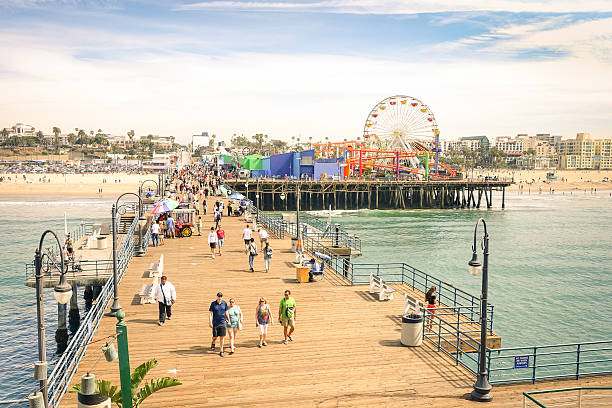 Santa Monica Pier with ferris wheel of Pacific Amusement Park stock photo