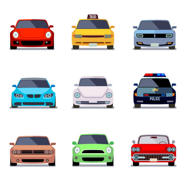 bildbanksillustrationer, clip art samt tecknat material och ikoner med car flat vector icons in front view - framifrån