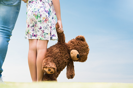 Rear view of little girl looking her future with her father. Close up of hands of a female child holding a teddy bear. Girl standing holding a brown furry teddy bear.