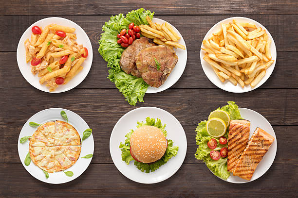 Various food set on the wooden background