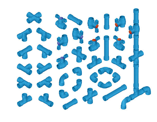 Isometric PVC Plumbing Vector Professional Set Of PVC Plumbing Elements For Cold Water. Full Isometric Views Collection pvc conduit stock illustrations