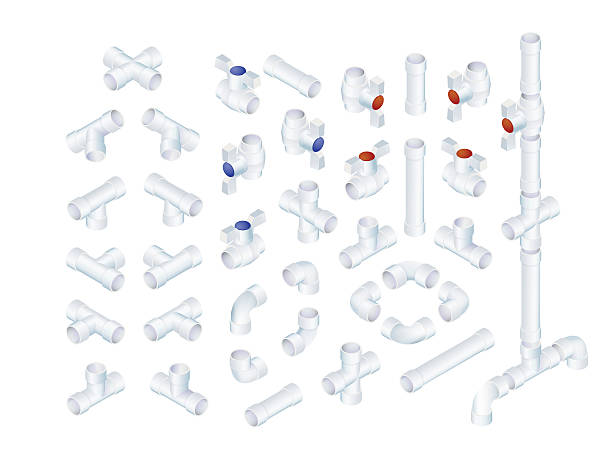 Isometric Plumbing Elements Vector Professional Set Of PVC Plumbing Elements. Full Isometric Views Collection pvc conduit stock illustrations