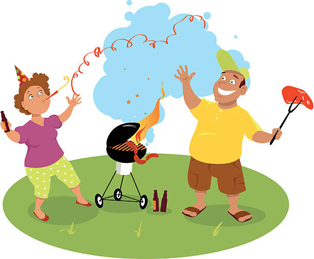 First barbecue of the season Happy middle age couple grilling meat on a barbecue and celebrating the beginning of summer, EPS 8 vector illustration, no transparencies middle aged woman cooking stock illustrations