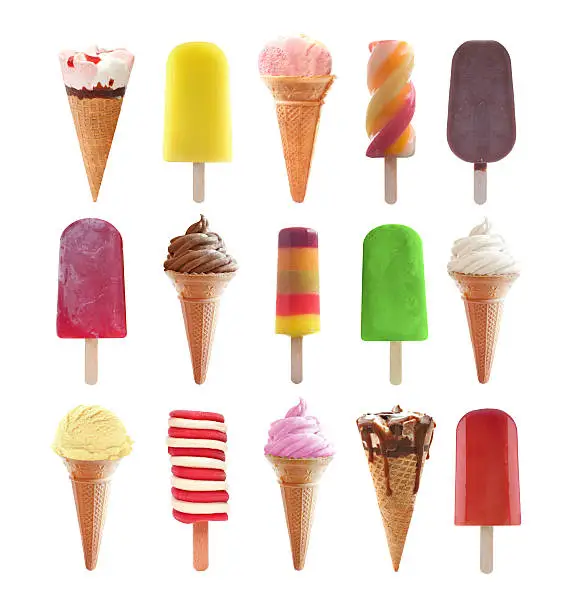 Various icecream, ice lollies and popsicles as a collection over a white background