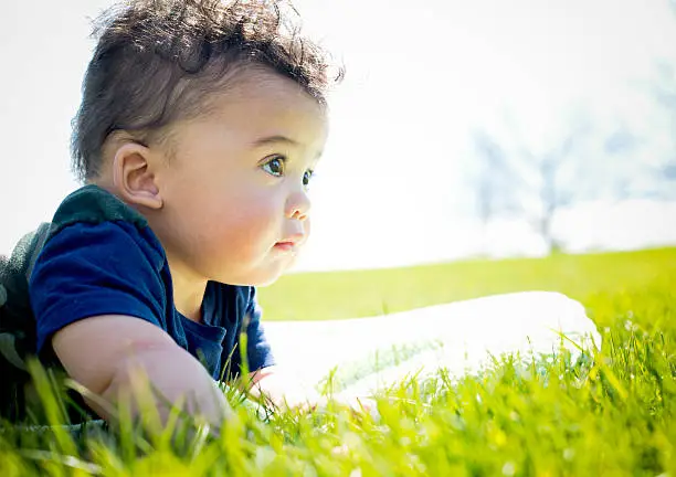 adorable baby boy outdoors posing on green grass