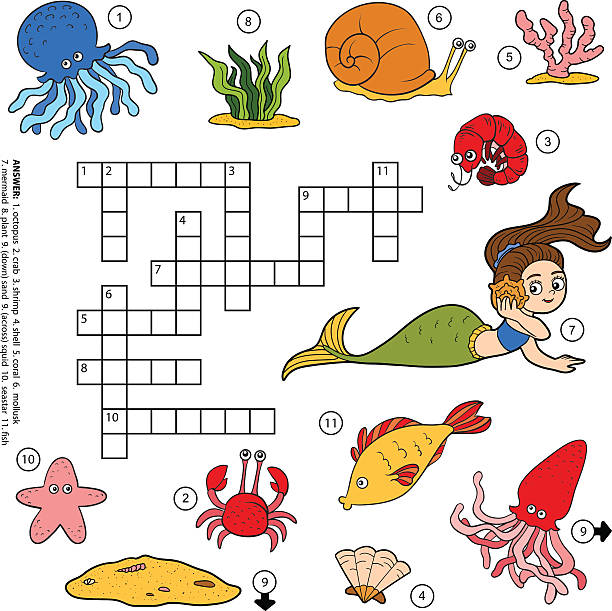 stockillustraties, clipart, cartoons en iconen met vector color crossword about sea life - squid games