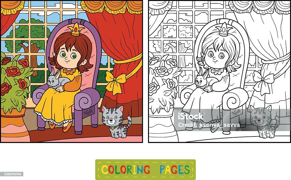 Coloring book for children. Little princess sitting on a throne Coloring book for children. Little princess sitting on a throne with a rabbit in his hands. Room of the castle with a big garden outside the window Activity stock vector