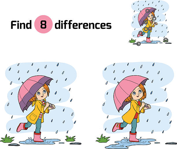 finde die unterschiede. mädchen läuft mit regenschirm im regen - herbst kollektion stock-grafiken, -clipart, -cartoons und -symbole