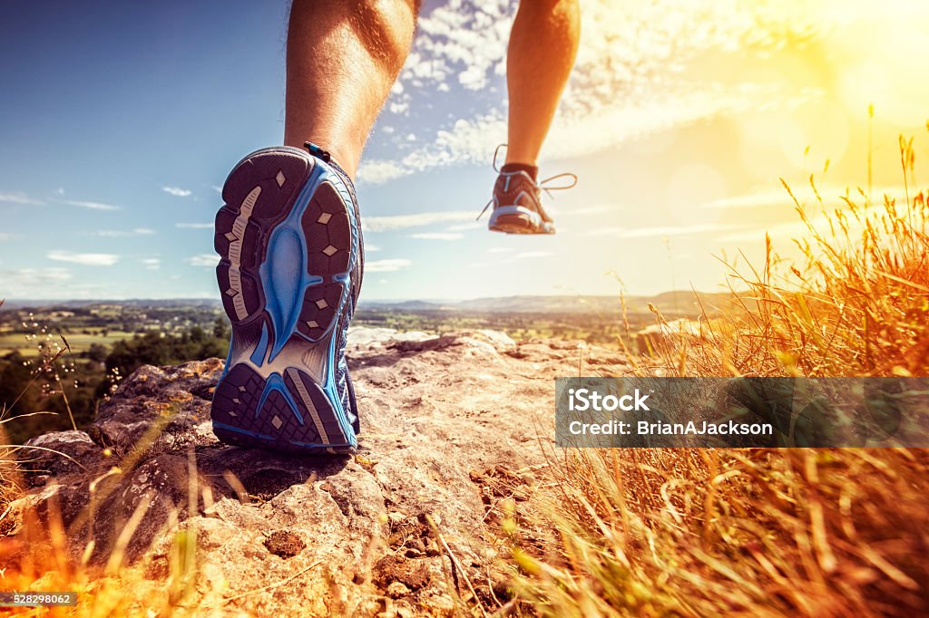Healthy trail running Outdoor cross-country running in summer sunshine concept for exercising, fitness and healthy lifestyle Running Stock Photo