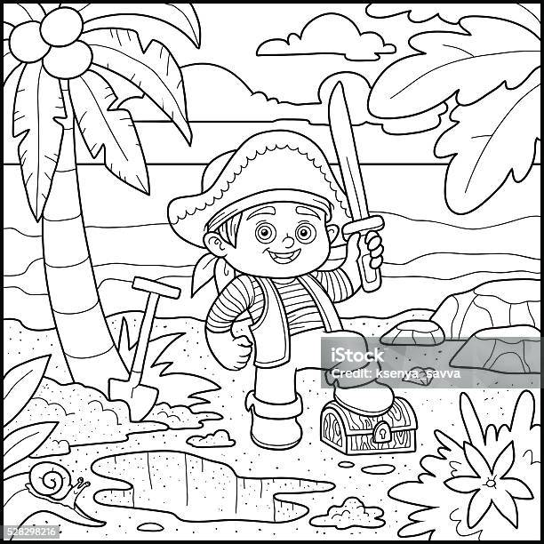 Coloring Book Pirate And Treasure Chest On A Tropical Island Stock Illustration - Download Image Now