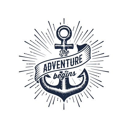 The Adventure Begins vintage illustration with anchor. Design for t-shirt print or poster. Vector illustration.