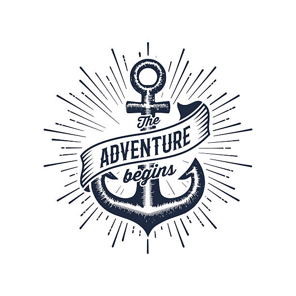Adventure begins blue anchor The Adventure Begins vintage illustration with anchor. Design for t-shirt print or poster. Vector illustration. vintage boat stock illustrations