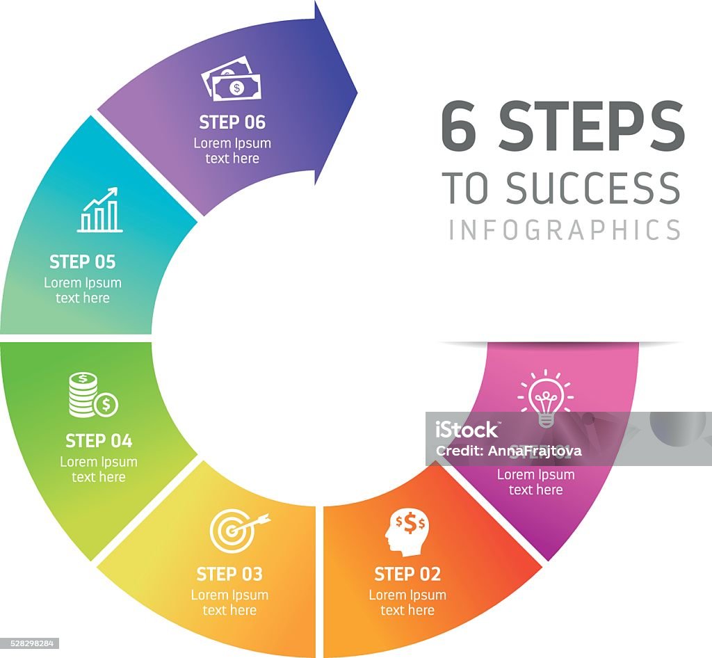 Six Steps Infographics - Success Six steps infographics - can illustrate a strategy, workflow, team work or way to success. Number 6 stock vector
