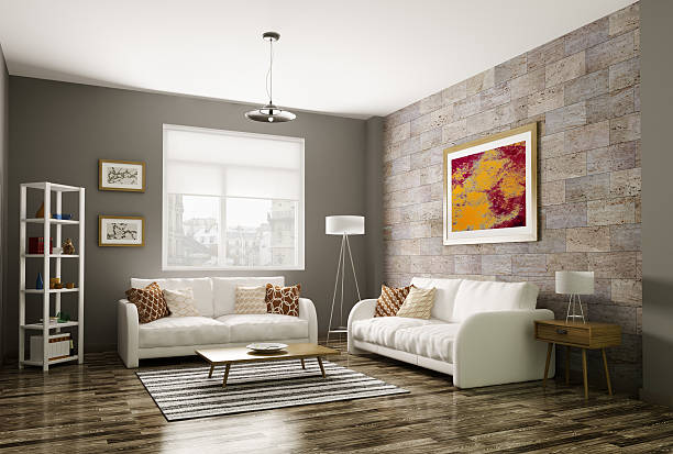 moderne wohnzimmer 3d-abbildung - holzboden fotos stock-fotos und bilder