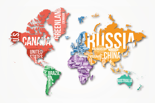 Vector detailed world map with borders and country names. Education, business and travel infographic concept.