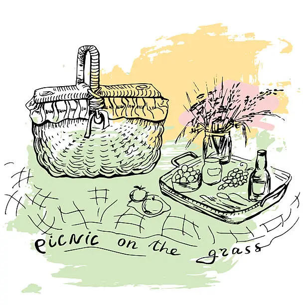 Vector illustration of Hand drawn picnic place with big basket