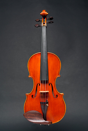 close up of a syphony violin on a black background