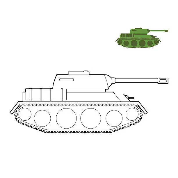 Vector illustration of Military Tank coloring book. Fighting technique in  linear style