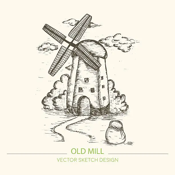 Vector illustration of Old mill in retro sketch style. For use in packaging,