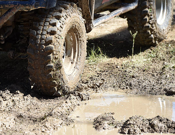 istock 4x4 vehicle with tires full of mud 528308194