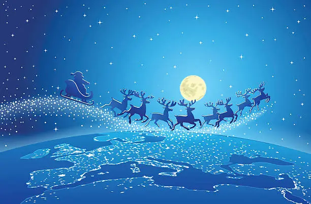Vector illustration of Santa Claus and reindeer in sky