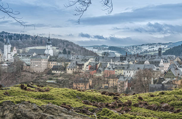 Winter in the Erzgebirge (Ore Mountains) Beautiful winter landscape in the Erzgebirge (Ore Moutains). Winter moss and elevated view on town of Schwarzenberg (near Aue), called the Pearl of the Ore Mountains. erzgebirge stock pictures, royalty-free photos & images