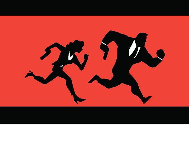 illustrazioni stock, clip art, cartoni animati e icone di tendenza di super spies coppia silhouette running - chasing women men couple
