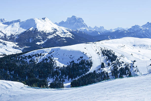 Ski slopes in Dolomites mountaines, Val Gardena stock photo