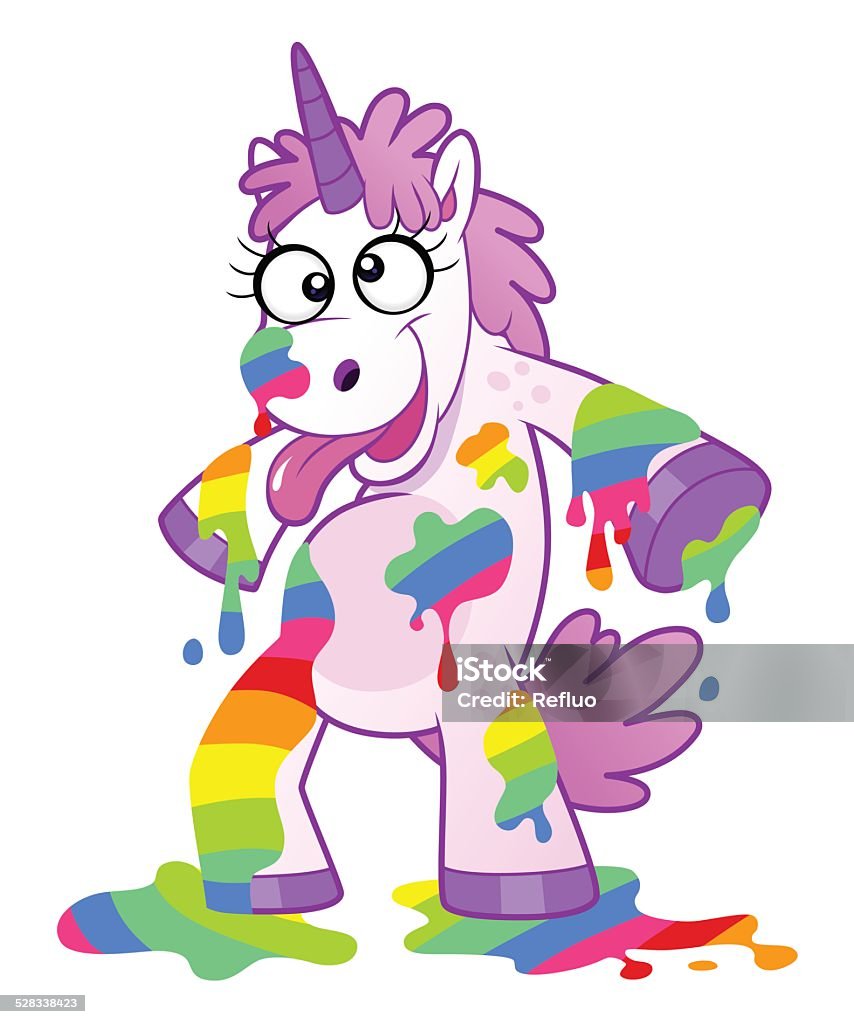 Dirty rainbow unicorn Cartoon mad unicorn soiled liquid rainbow. Bizarre and crazy illustration. Making A Face stock vector