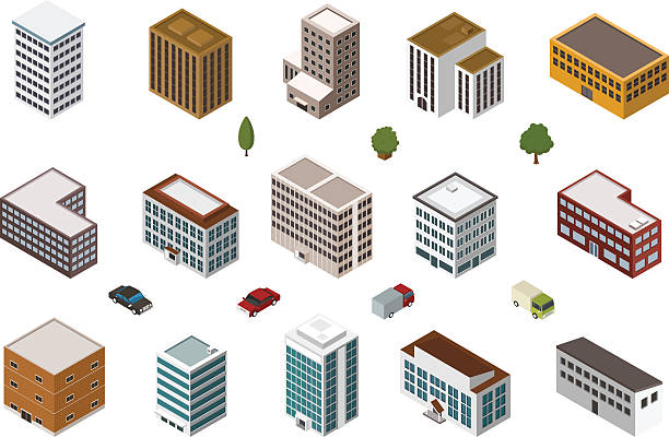 isometric buildings vector art illustration