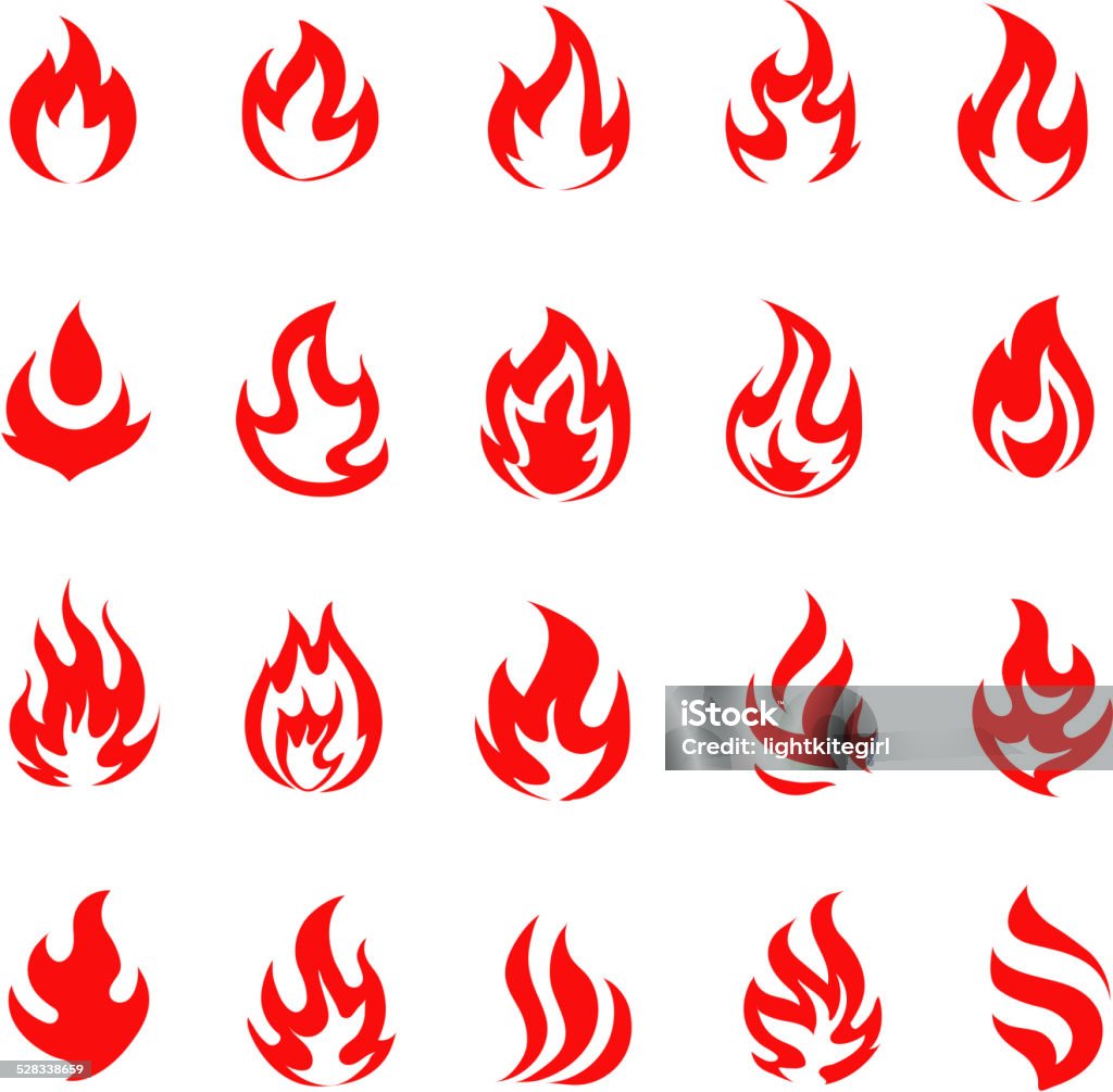 Red fire flame  icons and pictograms set isolated Red fire flat icons and pictograms set isolated on white background for design Abstract stock vector