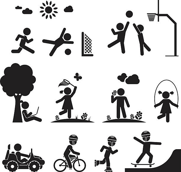 Childhood vector set. Children play on playground. Pictogram icon set. ass boy stock illustrations