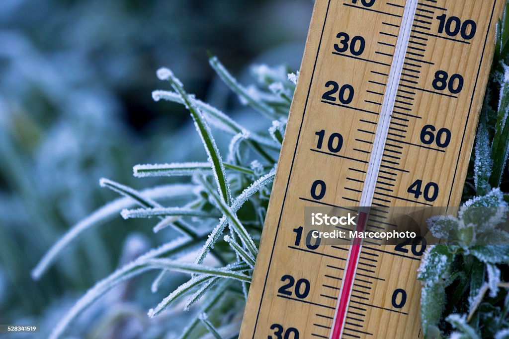 freezing Zero degree cold Wooden mercury thermometer with Zero degree Celsius on scale. Close up photo, cold white balance. Zero Stock Photo